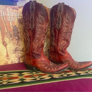 RARE OLD GRINGO RED with SILVER STITCHING & STUDS WESTERN BOOTS